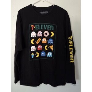 7 Eleven Pac-Man T-Shirt Black Retro Arcade Gaming Long Sleeve 7 11 Adult Large